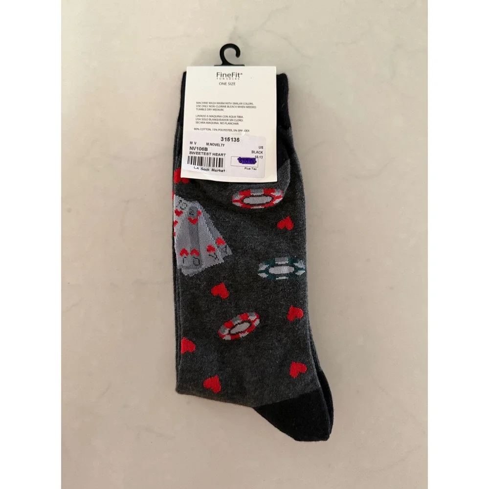 FineFit Fun Socks Mens Novelty Gambling Playing Cards Poker Chips Gray One Size - Picture 2 of 2
